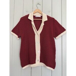 Zara Polo Cardigan Sweater S/M Burgundy Red Collar Button Front Crochet